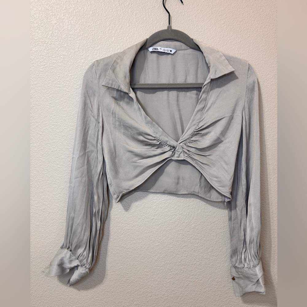 Zara Satin Effect Crop Blouse Size S | Beige Chic Ruched Front Top